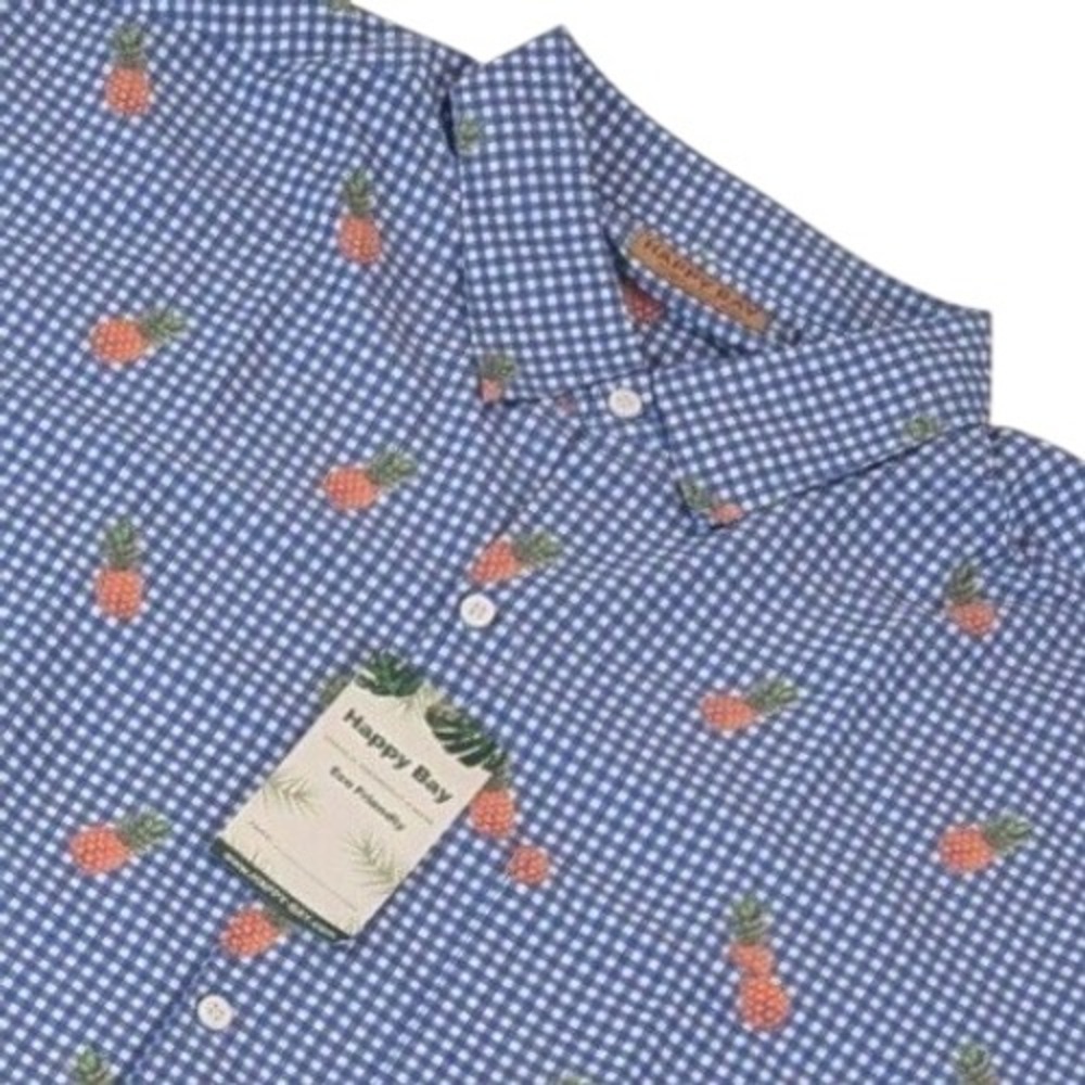 Happy Bay Mens 2XL Blue Gingham Pineapple Print Short Sleeve Button Down Shirt